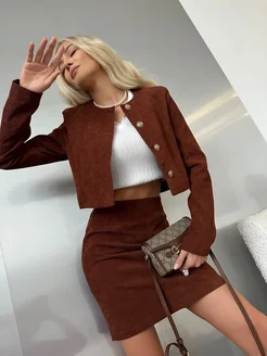 Костюм офисный с юбкой и пиджаком классический вельвет